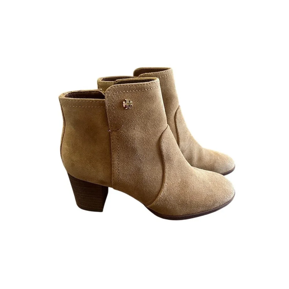 Tory Burch Ankle Booties Womens 7.5 Tan‎ Side Zip Block Heel Logo